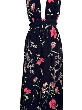 PrivacyPlease Black Floral Maxi Dress with Red Flowers and Green Leaves